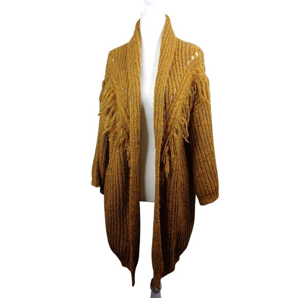Anthropologie Stevie Boho Fringe Cardigan Sweater Mustard Chunky Oversized OS - Picture 1 of 12